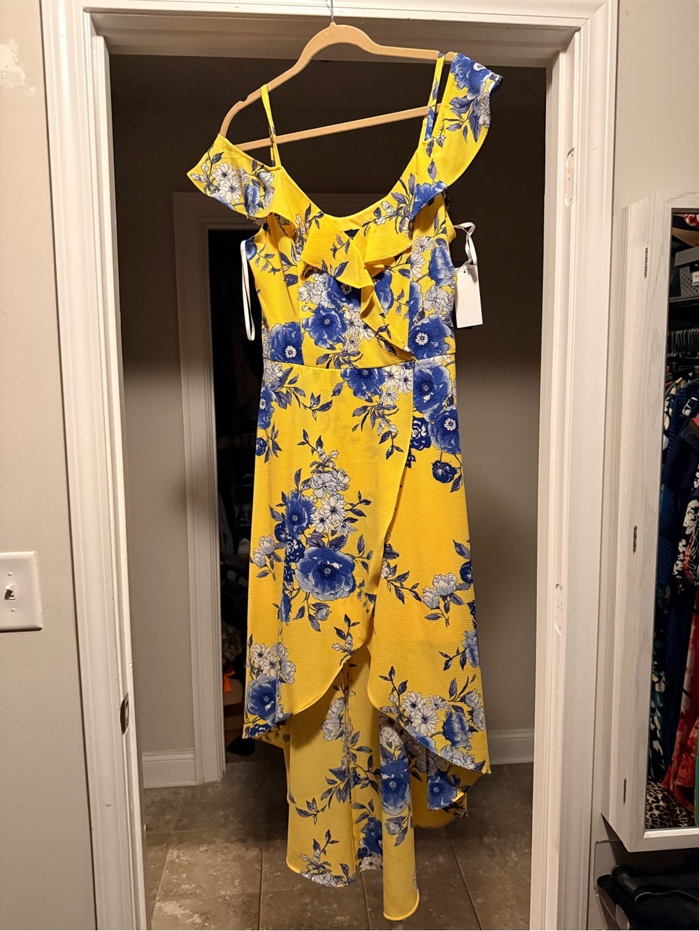 BCX Yellow High-Low Ruffle Dress with Blue Floral Print